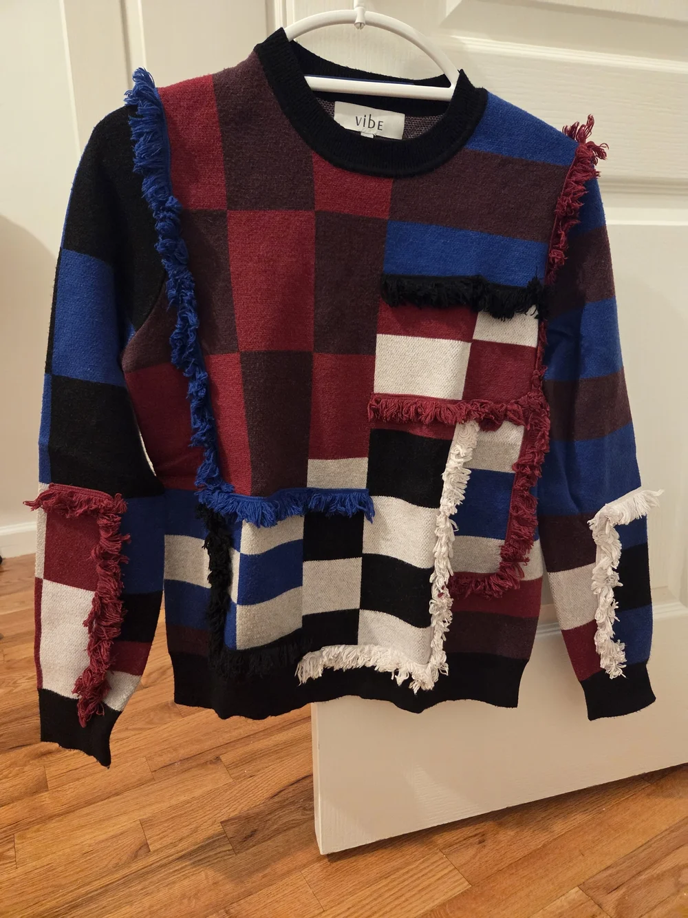 Women's Colorblock Check Knit Sweater - Blue/Red/Black